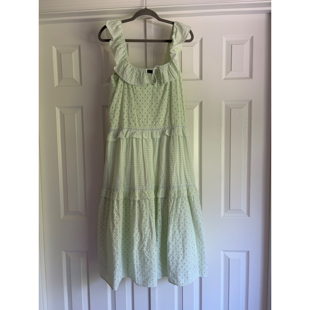 Zara Eyelet Midi Dress Womens Small Mint Green Cottagecore Boho Ruffle Flowy